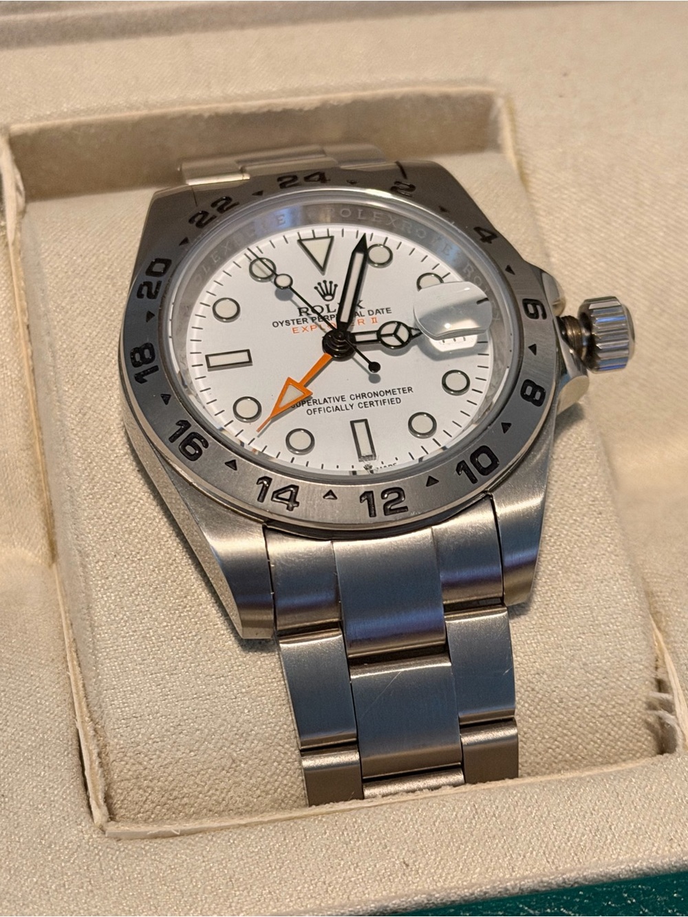 Rolex Stainless Steel Watch with White Dial and Orange GMT Hand